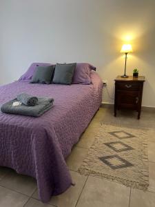 a bedroom with a purple bed and a night stand at Kallpa in Santa Rosa