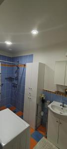 a bathroom with a sink and a shower at Pakeliui I -On the way I in Baltrušaičiai