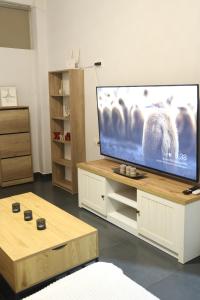 a living room with a large flat screen tv at The Garage in Tríkala