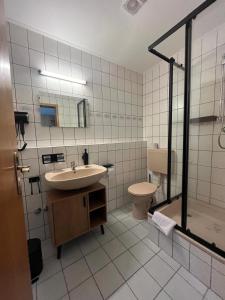 a bathroom with a sink and a toilet at Pension Serbitzer Hof in Serbitz
