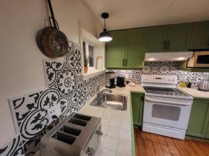 a kitchen with green cabinets and a sink at L'Ancestrale spa, vue, salle d'arcades in La Malbaie