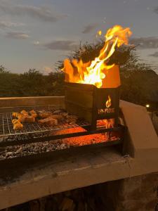 a grill with fire in it with meat on it at Outeniqua Guest Farm in Okahandja