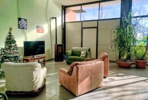 a living room with two chairs and a christmas tree at La Mandulera in Rivalta di Torino