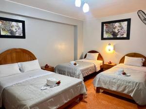 a hotel room with two beds with plates on them at Hotel Mayros in Satipo