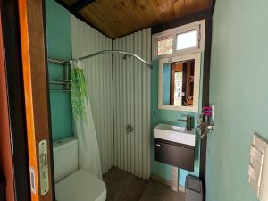 un bagno con doccia, WC e lavandino di La Cabaña a Santa Clara del Mar