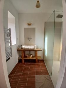 a bathroom with a sink and a glass shower at Gradine et Boucharde in Le Monastier sur Gazeille +10 photos