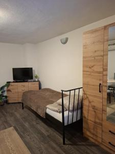 een slaapkamer met een bed en een dressoir met een televisie bij Fly & Stay Apartments in Laktaši