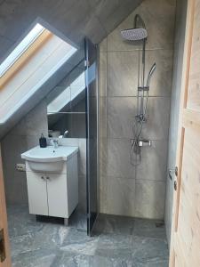 a bathroom with a sink and a shower at Vesilinnu 2 in Aabla +5 photos