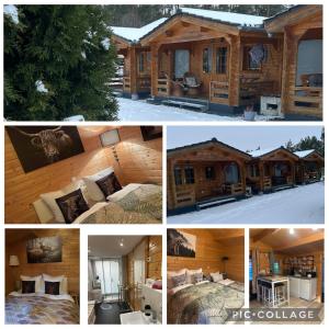 een collage van foto's van een blokhut bij Relax Hütten & Spa Gröden in Groeden