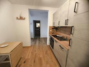a kitchen with a sink and a wooden floor at SeeZeitApartments Whg 28 in Lembruch +6 photos