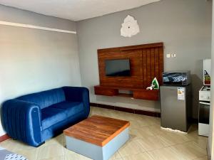 a living room with a blue couch and a tv at Stylish Smart Studio Apartment in Kampala