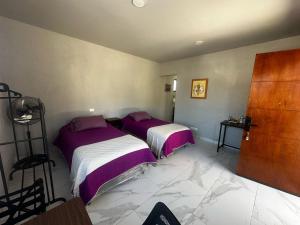two beds in a bedroom with purple and white sheets at Casa de los Agaves in Bernal