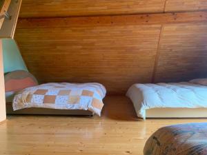 two beds in a room with a wooden wall at Vikendica PEPO in Blidinje