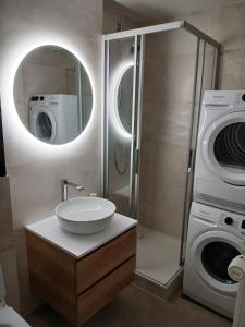 a bathroom with a sink and a washing machine at Beautiful mountain apartment in Leysin +23 photos