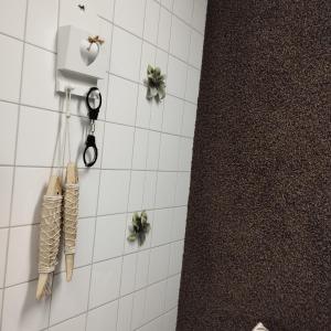 een witte tegelwand met planten erop bij Voormalige Gevangenis Cel bij B&B Gezond aan Zee - Toegang Wellnesstuin meerprijs in Ouddorp