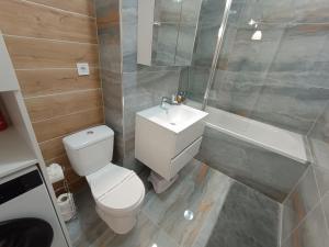 a bathroom with a toilet and a sink and a tub at Cazare Rasnov cu vedere spre Postavaru in Râşnov +26 photos