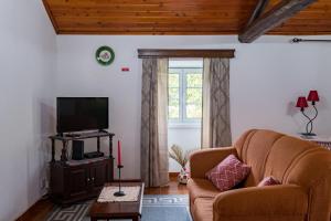 a living room with a couch and a tv at Rustic House - Eco Farm Living in Capelas