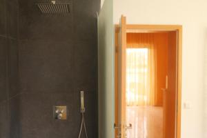 a bathroom with a shower and a door open at Pension am Waldrand in Sinsheim