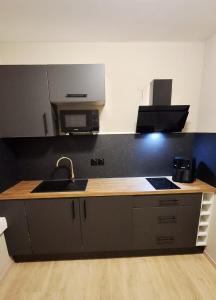 a kitchen with a sink and a counter top at Le Square Inn in Turckheim