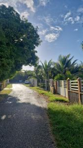 a dirt road with a fence and palm trees at Bien venu Miss' K in Anse-Bertrand