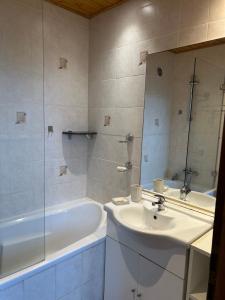 a bathroom with a sink and a tub and a mirror at Zelený byt u Bořího lesa in Břeclav