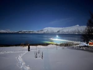 a person standing in the snow next to a boat on a lake at Nordic Sauna Retreat in Tromsø