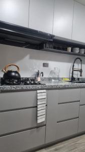 a kitchen with a counter with a sink and a stove at Mirador volcanes in Santa Luisa