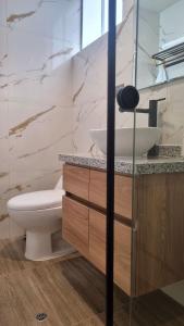 a bathroom with a toilet and a sink at Mirador volcanes in Santa Luisa