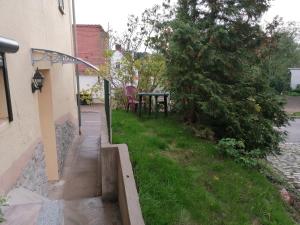 a yard with a picnic table and a tree at Pension Rippachtal 2 in Lützen +3 photos