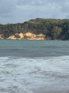 a body of water with a mountain in the background at Eco Camping Surf in Pipa