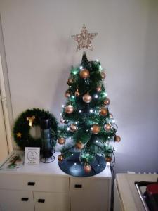 a christmas tree sitting on top of a dresser at Vila Raj in Gornja Toplica