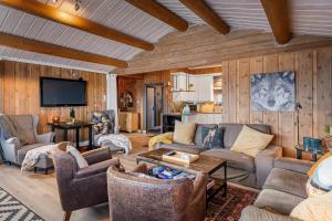 a living room with a couch and a tv at TH616- Large ski-in out cabin in Trysilfjell for 14 guests in Trysil