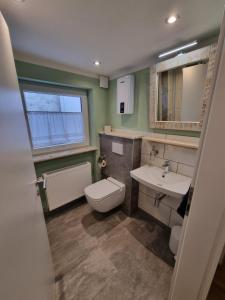 a bathroom with a toilet and a sink at Ferienwohnung Braun in Longkamp +14 photos