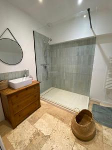 a bathroom with a shower and a sink and a mirror at Le Logis de la Lettre in Tinténiac +28 photos