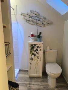 a bathroom with a toilet and a shelf with a plant on it at Le petit grenier de la Quoiqueterie in Vieille-Église-en-Yvelines +13 photos