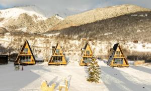 a group of small houses in the snow with a christmas tree at WinterFell Mestia in Mestia