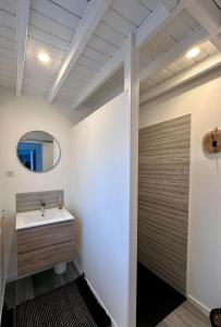 a bathroom with a sink and a mirror at Gite EGLANTINE in Saint-Rémy-Boscrocourt