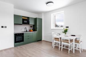 a kitchen with green cabinets and a table and chairs at Horský sen - Mountain Dream Apartment B1 in Špičák