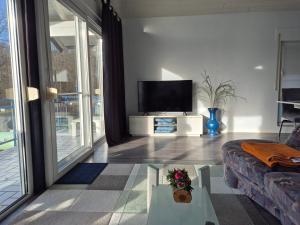 un soggiorno con un divano e una TV di Gemütliches Gästehaus in ruhiger Waldlage a Büdingen