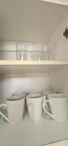 a row of cups and glasses on shelves at Cabaña El Quisco 2do piso con estacionamiento in El Quisco