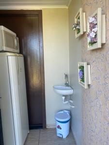 a small kitchen with a sink and a refrigerator at Suíte privativa quarto in Xaxim