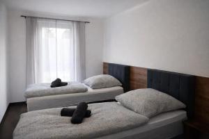 two beds with teddy bears on them in a bedroom at ApartDays Sarstedt in Sarstedt