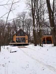 een hut in het bos in de sneeuw bij Oaklounge Apartman in Kismaros