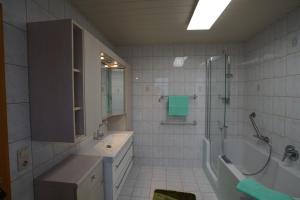a bathroom with a tub and a sink and a shower at Ferienhaus Am Arzberg in Kurort Steinbach-Hallenberg