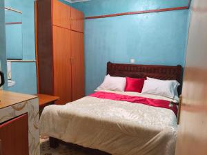 a bedroom with a bed with red and white pillows at WMSAJ HOMEs in Narok
