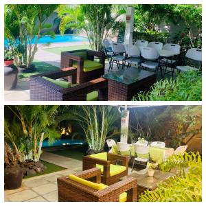 two pictures of a patio with tables and chairs at Serenity Villa in Balaclava