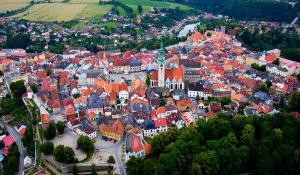 an aerial view of a town with red roofs at Penzion Z&Z in Tábor