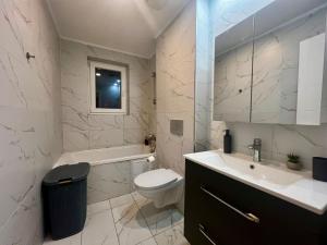 a bathroom with a toilet and a sink at Nivora apartament #freeparking in Tunari