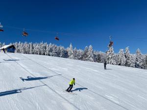two people skiing down a snow covered slope with a ski lift at Apartamenty ARNIKA z sauną zewnętrzną in Lądek-Zdrój