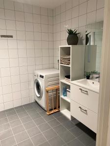 a laundry room with a washing machine and a sink at Leilighet i Tromsø in Tromsø